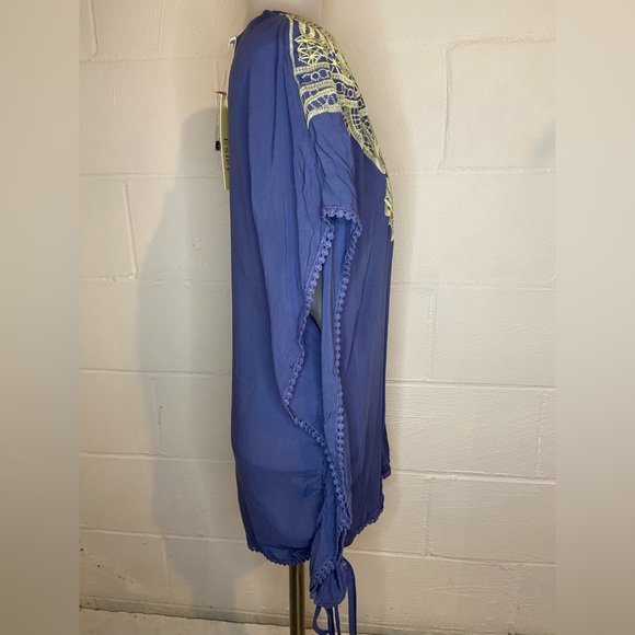 ⭐️ Esley Blue Yellow Embroidered Boho Beach Cover-up  Women's Size Small - Picture 9 of 14